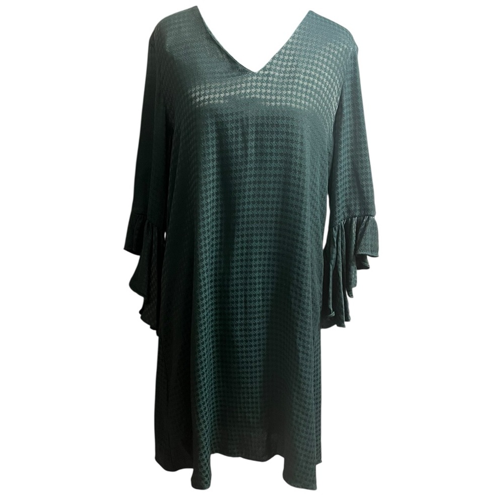 Calvin Klein Green Houndstooth Ruffle Sleeve Dress Size 6